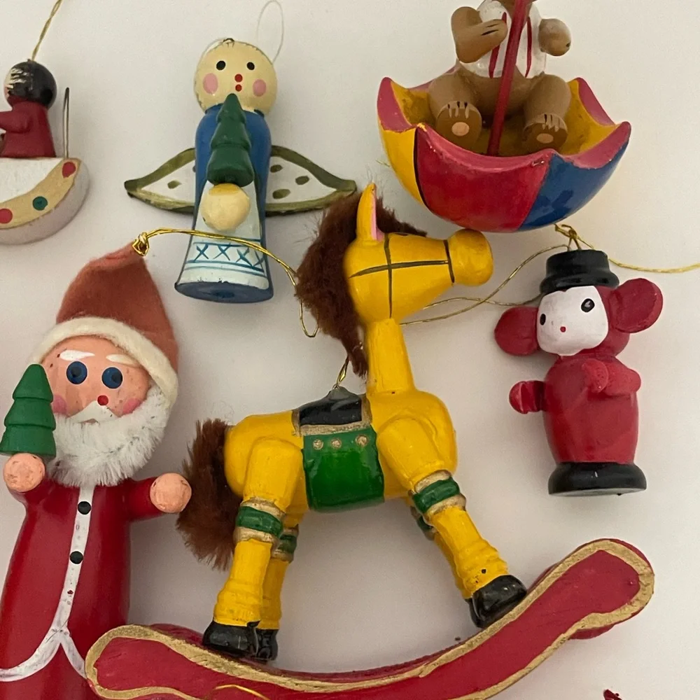 Vintage 1970s/1980s Wood Christmas Ornament Lot Kid Theme
